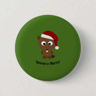 Badge Rond 5 Cm Drôle Beaver-y Joyeux ! Père Noël Beaver