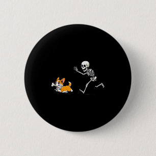 Badge Rond 5 Cm Drôle de chien Corgi vole un os de squelette Hallo