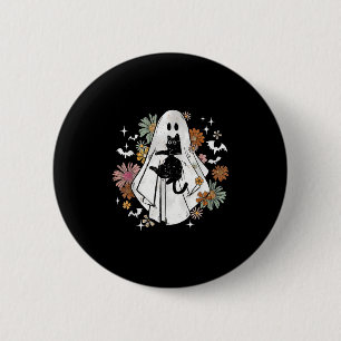 Badge Rond 5 Cm Drôle Fantôme Holding Chat Noir Halloween Fantôme