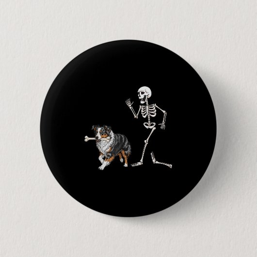 Badge Rond 5 Cm Drôle Halloween Berger Australien Et Squelette (Devant)