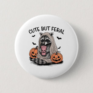 Badge Rond 5 Cm Drôle Halloween Raccoon avec chauves-souris Citrou
