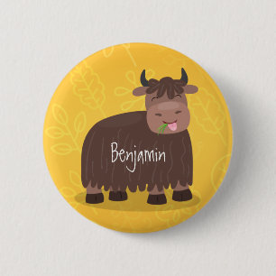 Badge Rond 5 Cm Drôle joyeux yak mangeant de l'herbe dessin d'illu