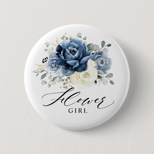 Badge Rond 5 Cm Dusty Blue Navy Champagne Ivory Flower (Devant)