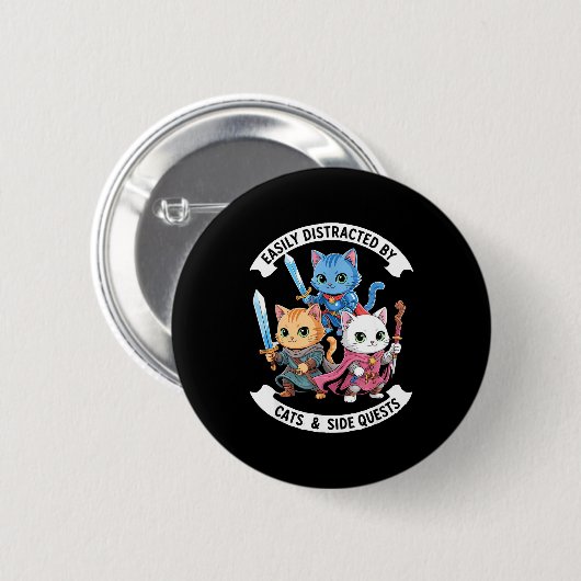 Badge Rond 5 Cm Easily Distracted By Cats &amp; Side Quests Funny  (Devant & derrière)
