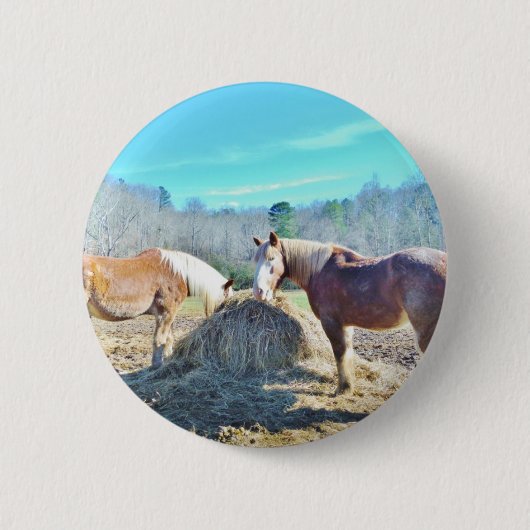Badge Rond 5 Cm Ébauche secourue Chevaux mangeant foin (Devant)