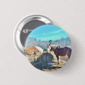 Badge Rond 5 Cm Ébauche secourue Chevaux mangeant foin (Devant & derrière)