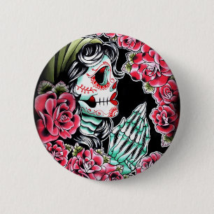 Badge Rond 5 Cm Éclair de Dia De Los Muertos Tattoo
