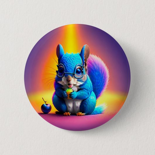 Badge Rond 5 Cm Écureuil Bleu Mangeant Un Fruit (Devant)