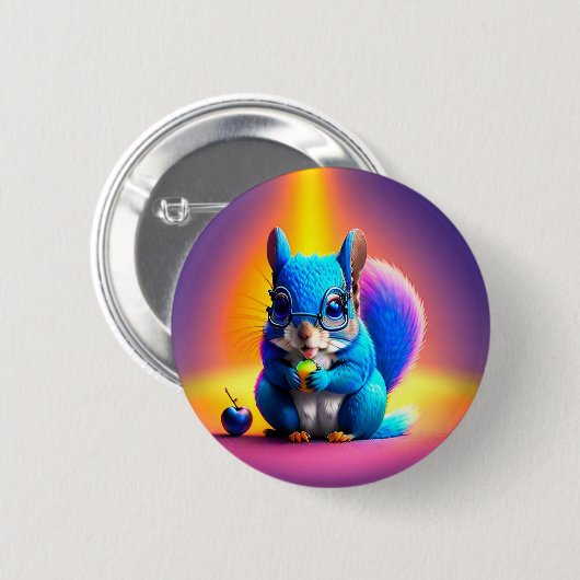 Badge Rond 5 Cm Écureuil Bleu Mangeant Un Fruit (Devant & derrière)