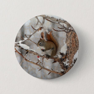 Badge Rond 5 Cm Écureuil d'hiver, neige et baies rouges Conception