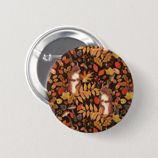 Badge Rond 5 Cm Écureuils automnaux et flore sur brun foncé (Devant & derrière)