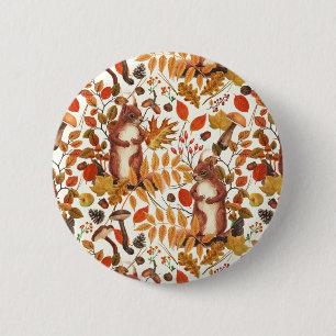 Badge Rond 5 Cm Écureuils d'automne et flore automnale sur le blan