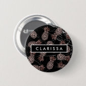 Badge Rond 5 Cm élégant ananas rose or en marbre noir moderne (Devant & derrière)