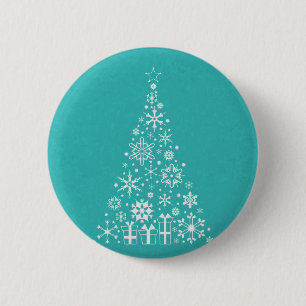 Badge Rond 5 Cm élégant arbre de Noël blanc et turquoise