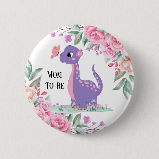 Badge Rond 5 Cm Élégant Baby shower Papillon Dinosaure Rose Violet (Devant)