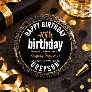 Badge Rond 5 Cm Elegant Black & Gold 40th Birthday Party
