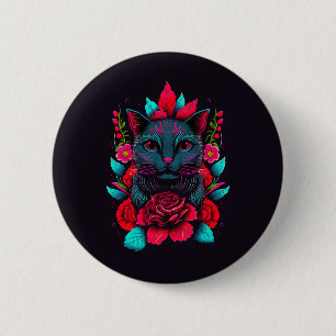 Badge Rond 5 Cm Élégant chat noir entouré de roses rouges  