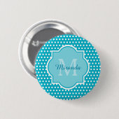 Badge Rond 5 Cm Élégant Monogramme Pois Turquoise Avec Nom (Devant & derrière)