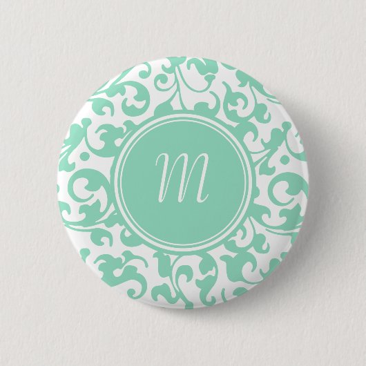 Badge Rond 5 Cm Élégant Monogramme vert et blanc damassé (Devant)
