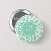 Badge Rond 5 Cm Élégant Monogramme vert et blanc damassé (Devant & derrière)