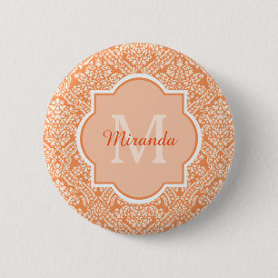 Badge Rond 5 Cm Élégant motif de Damas orange Monogramme et nom