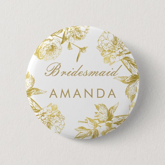 Badge Rond 5 Cm Élégant or Floral Bridesmaid Nom balise (Devant)