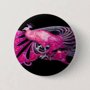 BADGE ROND 5 CM ELÉGANT PEACOCK EN ROSE, FUCHSIA, NOIR