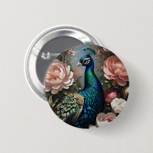 Badge Rond 5 Cm Élégant Peacock Pink Peonies