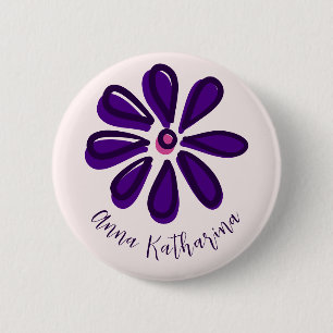 Badge Rond 5 Cm Élégant Script Nom de police Purple Flower Doodle