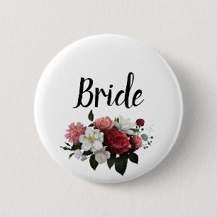 Badge Rond 5 Cm Élégante Mariée de Bourgogne et de Fleurs roses