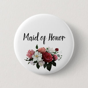 Badge Rond 5 Cm Élégantes Fleurs Bourgogne et Rose Demoiselle d'Ho
