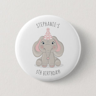 Badge Rond 5 Cm Éléphant avec un chapeau de fête d'anniversaire
