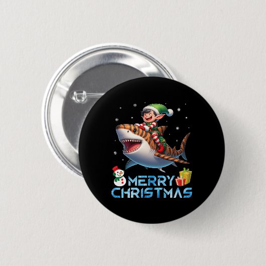 Badge Rond 5 Cm Elf Riding Tiger Shark Snowman Présenter Joyeux Ch (Devant & derrière)