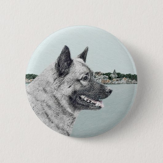 Badge Rond 5 Cm Elkhound norvégien à la peinture de village - Chie (Devant)