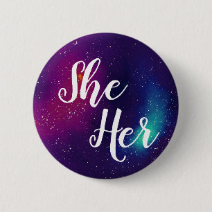 Badge Rond 5 Cm Elle/son pronom personnalisable de galaxie