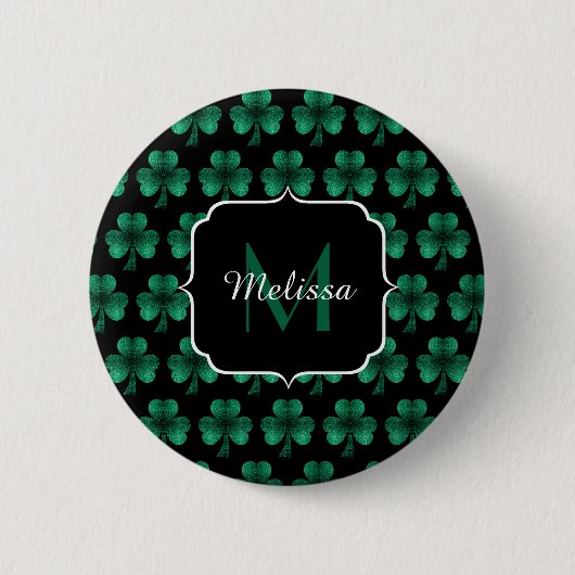 Badge Rond 5 Cm Emerald Green Sparkle Shamrock noir Monogramme (Devant)