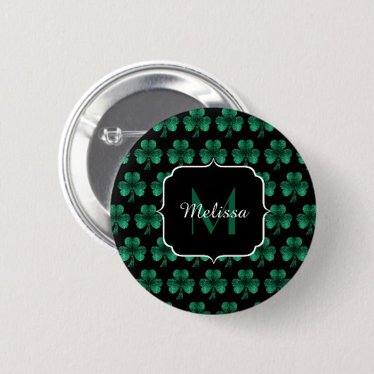 Badge Rond 5 Cm Emerald Green Sparkle Shamrock noir Monogramme (Devant & derrière)