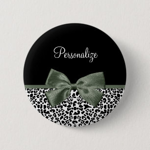 Badge Rond 5 Cm Empreinte de léopard animal Motif noir vert Bow