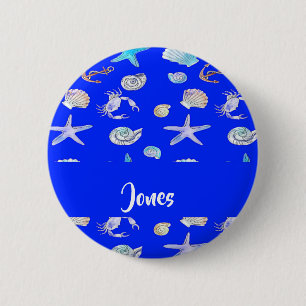 Badge Rond 5 Cm Empreinte nautique de nom personnalisé en bleu