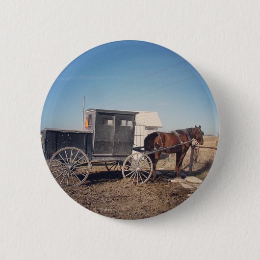 Badge Rond 5 Cm En attente Cheval Amish et Buggy (Devant)
