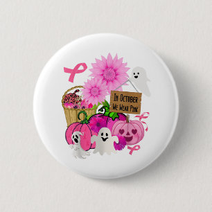 Badge Rond 5 Cm En Octobre Nous Portons Citrouille Rose, Fantôme E