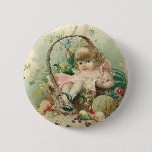 Badge Rond 5 Cm Enfant victorienne vintage, fille panier de fruits