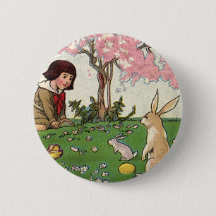 Badge Rond 5 Cm Enfant vintage à la chasse aux oeufs de Pâques ave