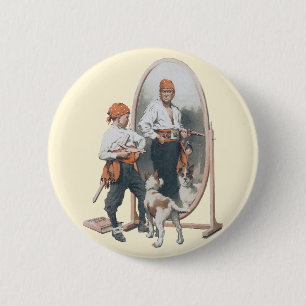 Badge Rond 5 Cm Enfant Vintage, Pirate Garçon, Chien, Miroir, Bouc