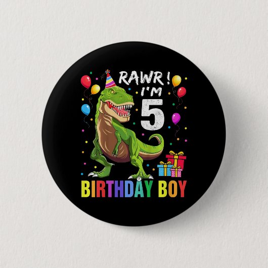 Badge Rond 5 Cm Enfants 5 ans 5e anniversaire garçon T Rex Dinosau (Devant)