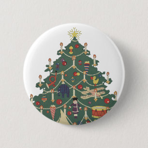Badge Rond 5 Cm Enfants de Noël vintage autour d'un arbre décoré