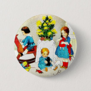 Badge Rond 5 Cm Enfants jouant avec les jouets et l'arbre de Noël
