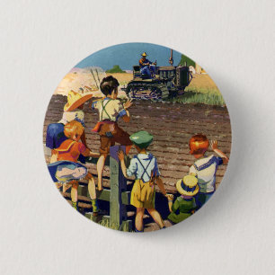 Badge Rond 5 Cm Enfants vintage faisant signe à un agriculteur loc