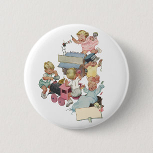 Badge Rond 5 Cm Enfants vintage s'amusant à jouer avec des trains