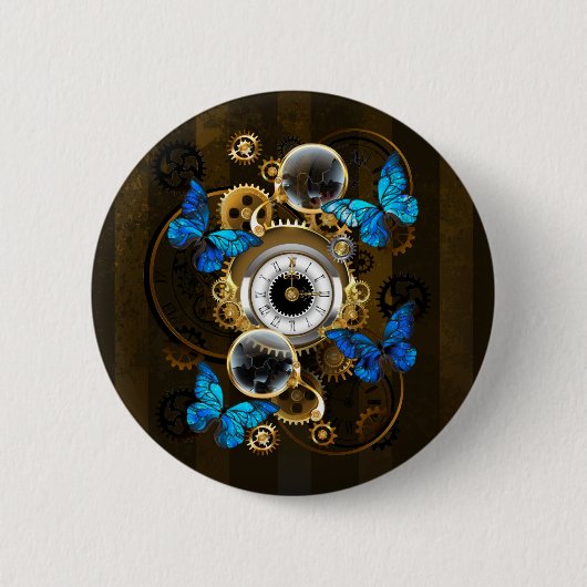 Badge Rond 5 Cm Engrenages à vapeur et papillons bleus (Devant)